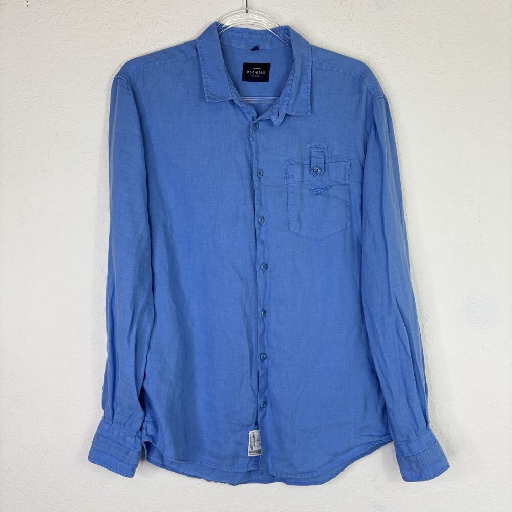 Escales Made in Paris Blue 100% Linen Button Front Men’s Shirt Size M, classic